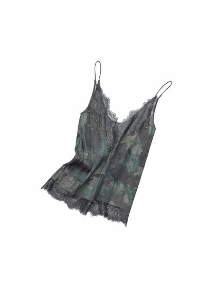 Camouflage V-Neck Lace Rhinestone Cami Top
