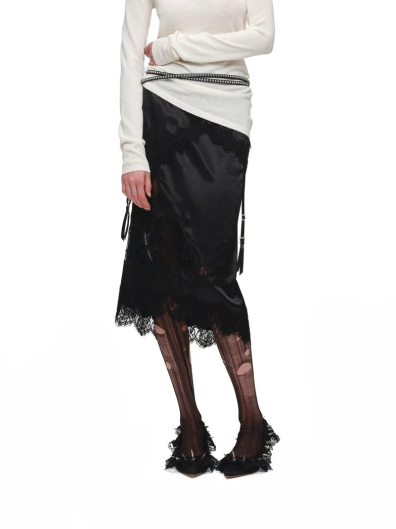 Lace Satin Midi Skirt