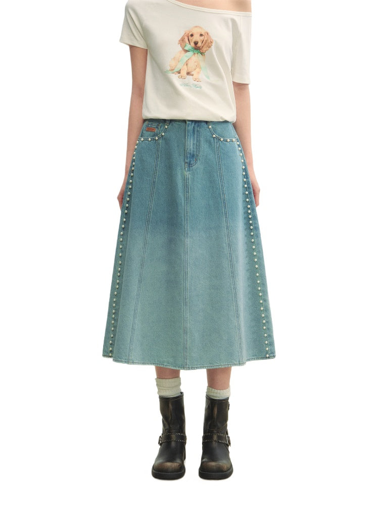 Beaded Washed Gradient Denim Skirt