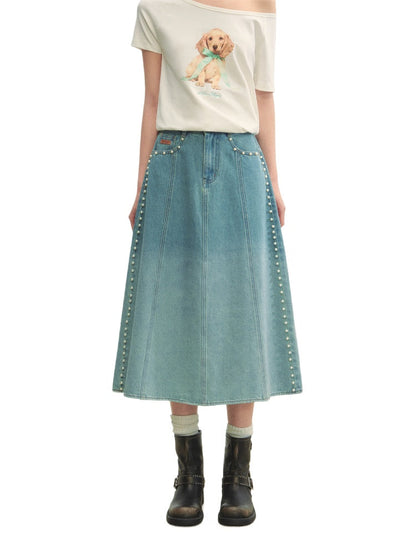 Beaded Washed Gradient Denim Skirt