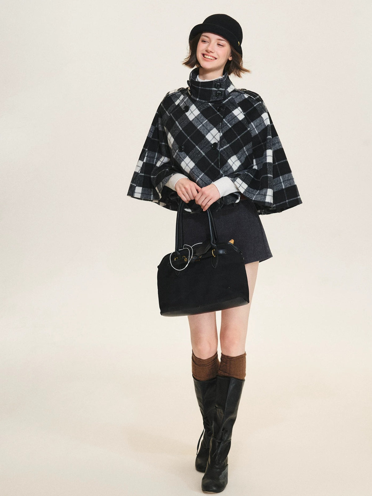 Checked Wool Blend Cape Coat