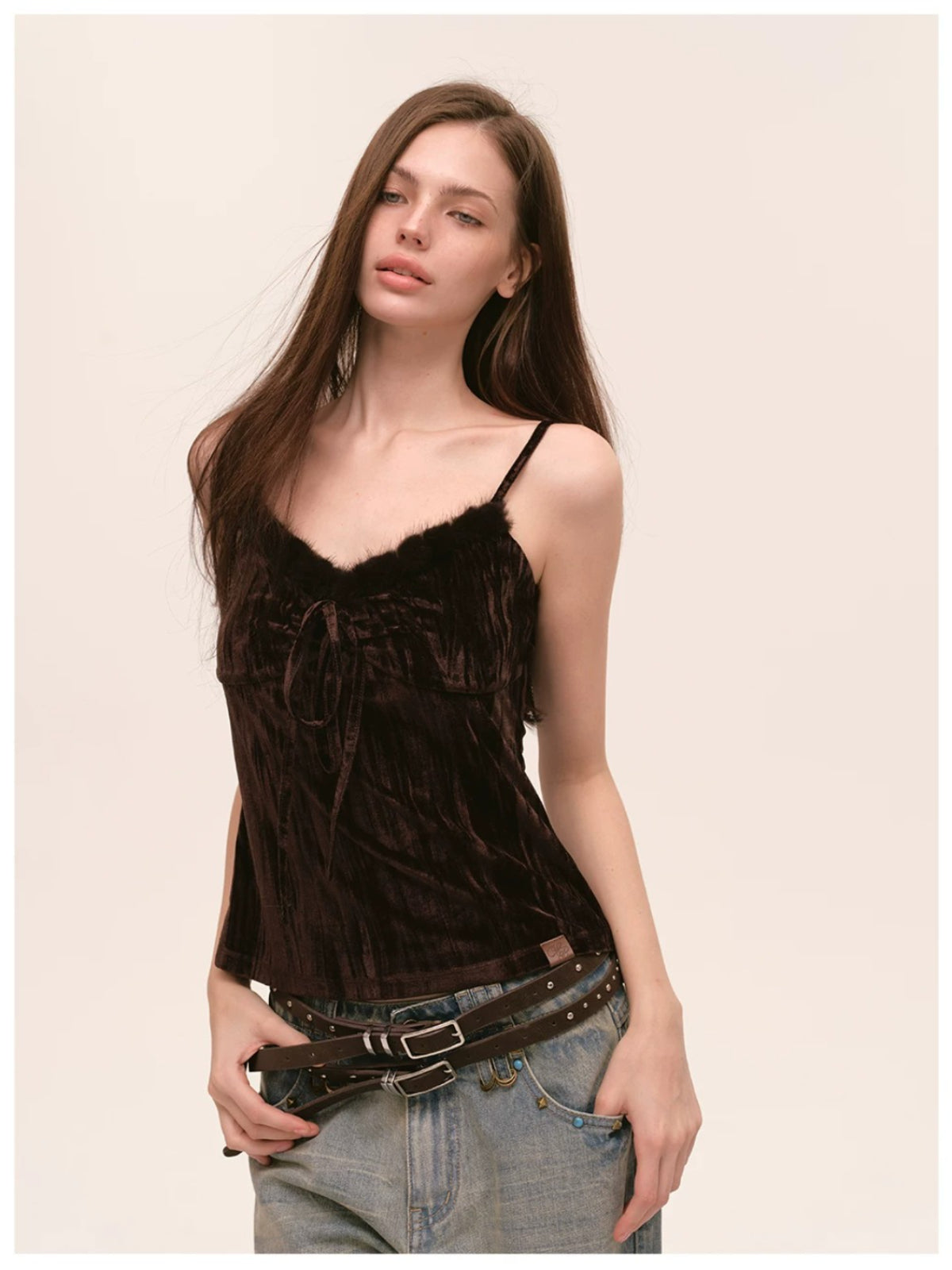 Velvet Fur-Trimmed Tie Front Camisole