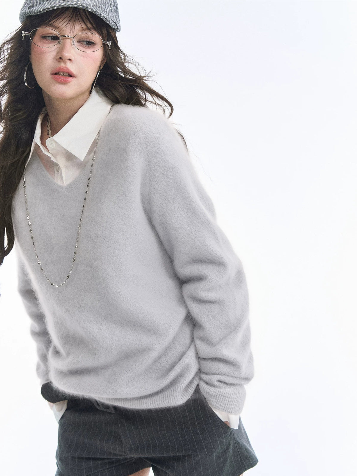 Seamless V Neck Silk Wool Sweater