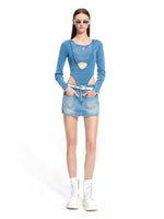 "Caracal Series" Washed Crinkle Denim Mesh Bodysuit