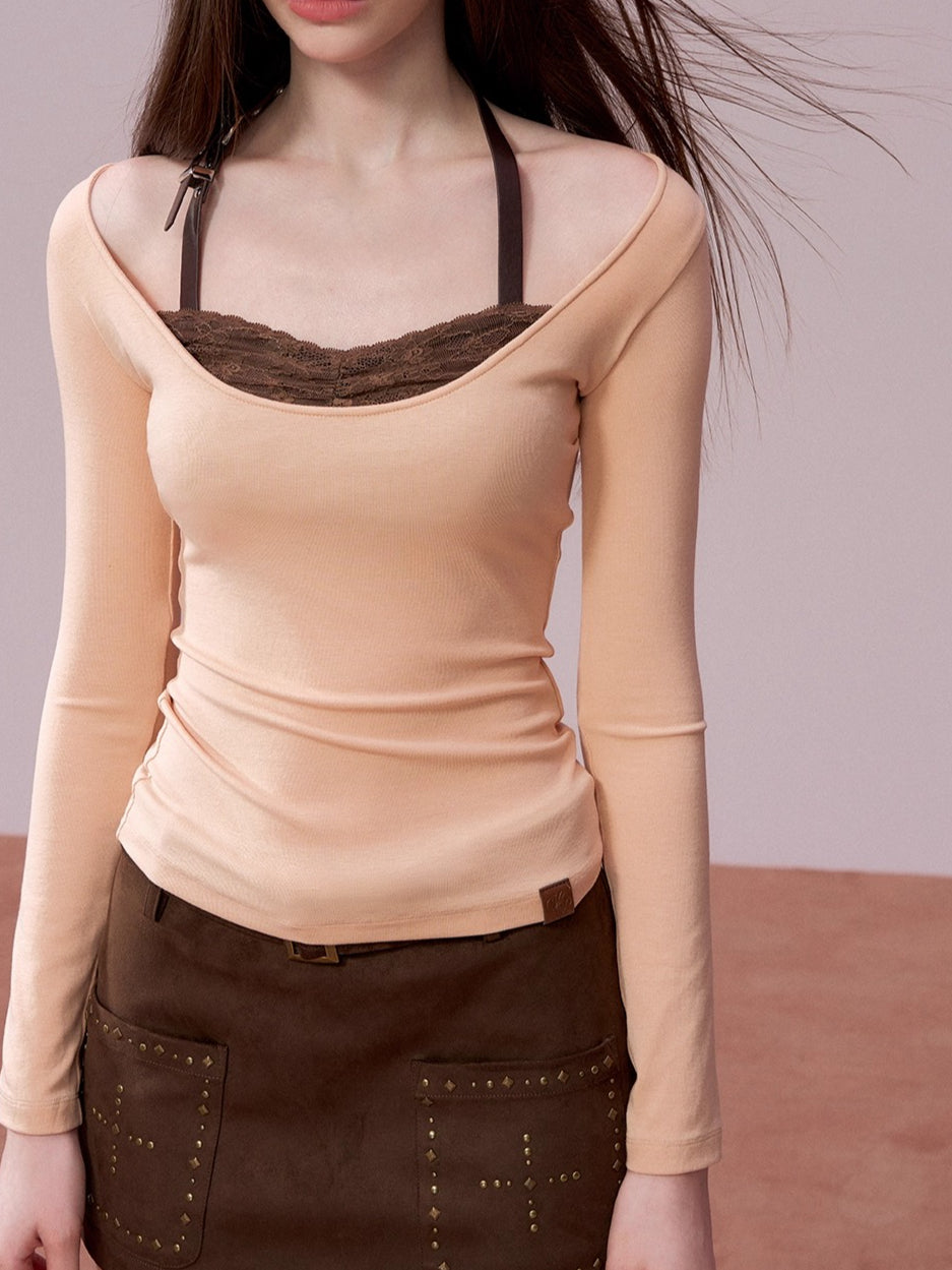 Lace-Panel Contrast Knit Top