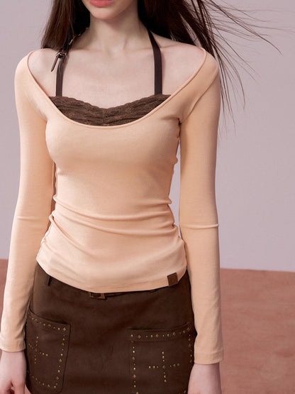 Lace-Panel Contrast Knit Top