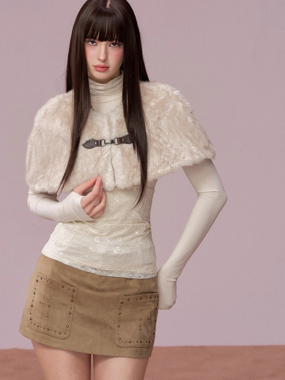 Fur Collar Cape-Style Wool Coat