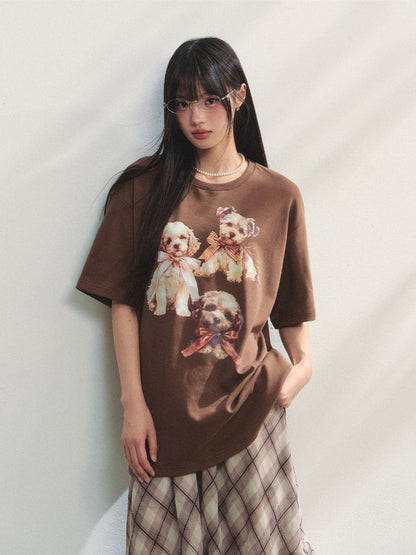 Bowknot Puppy Print Short-Sleeve T-Shirt