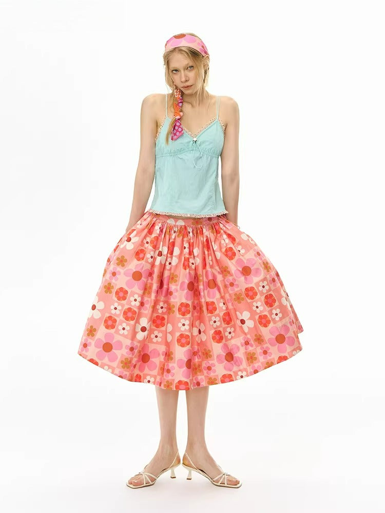 Orange Plaid Print Flare Skirt