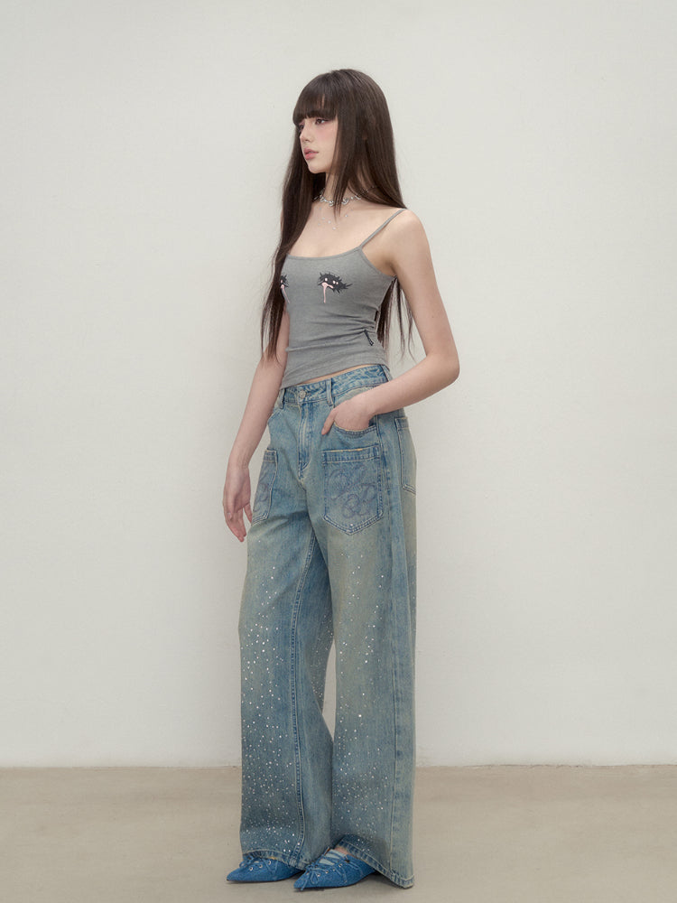 3D Rhinestone Wide-Leg Denim Pants