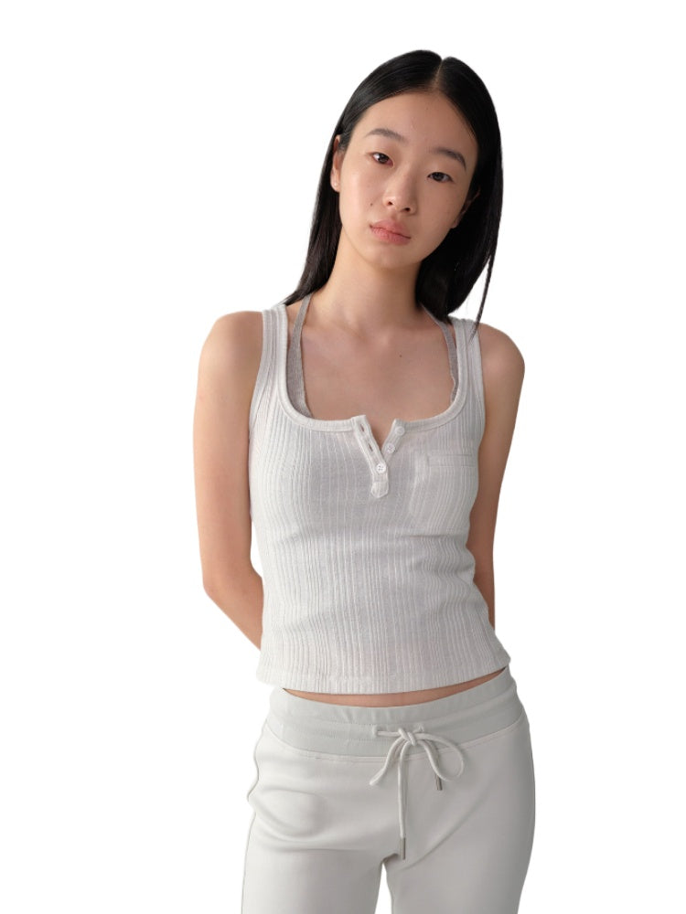 U-Neck Sleeveless Silver-Thread Camisole Tank Top