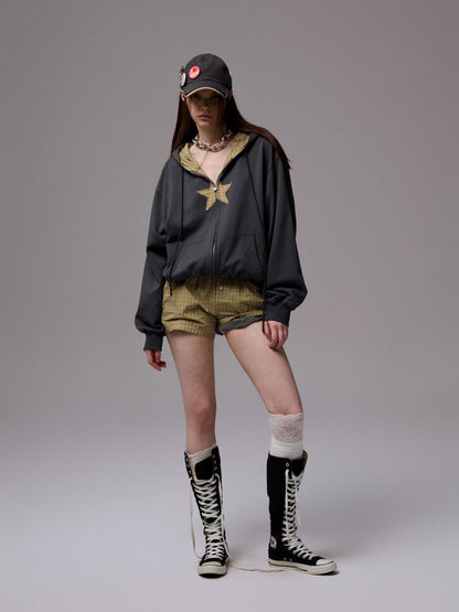 Plaid-Panel Badge Baseball Cap