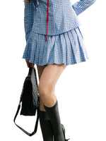 Navy Blue Rose Plaid Pleated Skirt