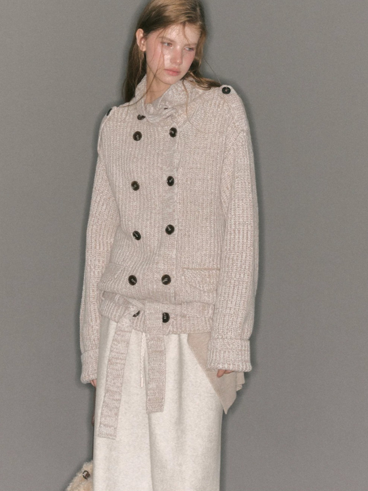 Double-Breasted Turtleneck Knit Cardigan