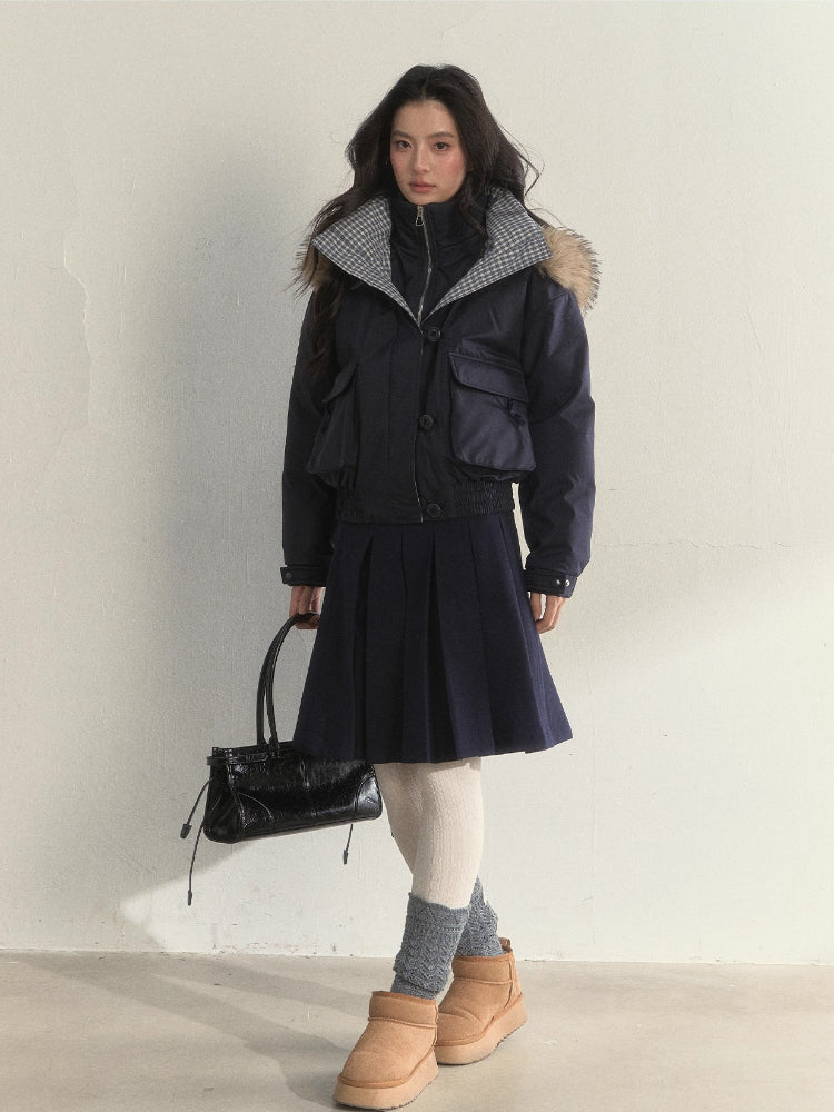 “Flowing Glacier” Patchwork Down Jacket with Fur Collar
