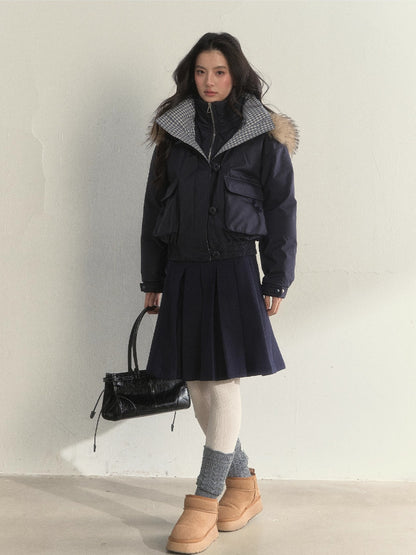 “Flowing Glacier” Patchwork Down Jacket with Fur Collar