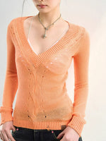 Shimmer Yarn Distressed V-Neck Knit Top