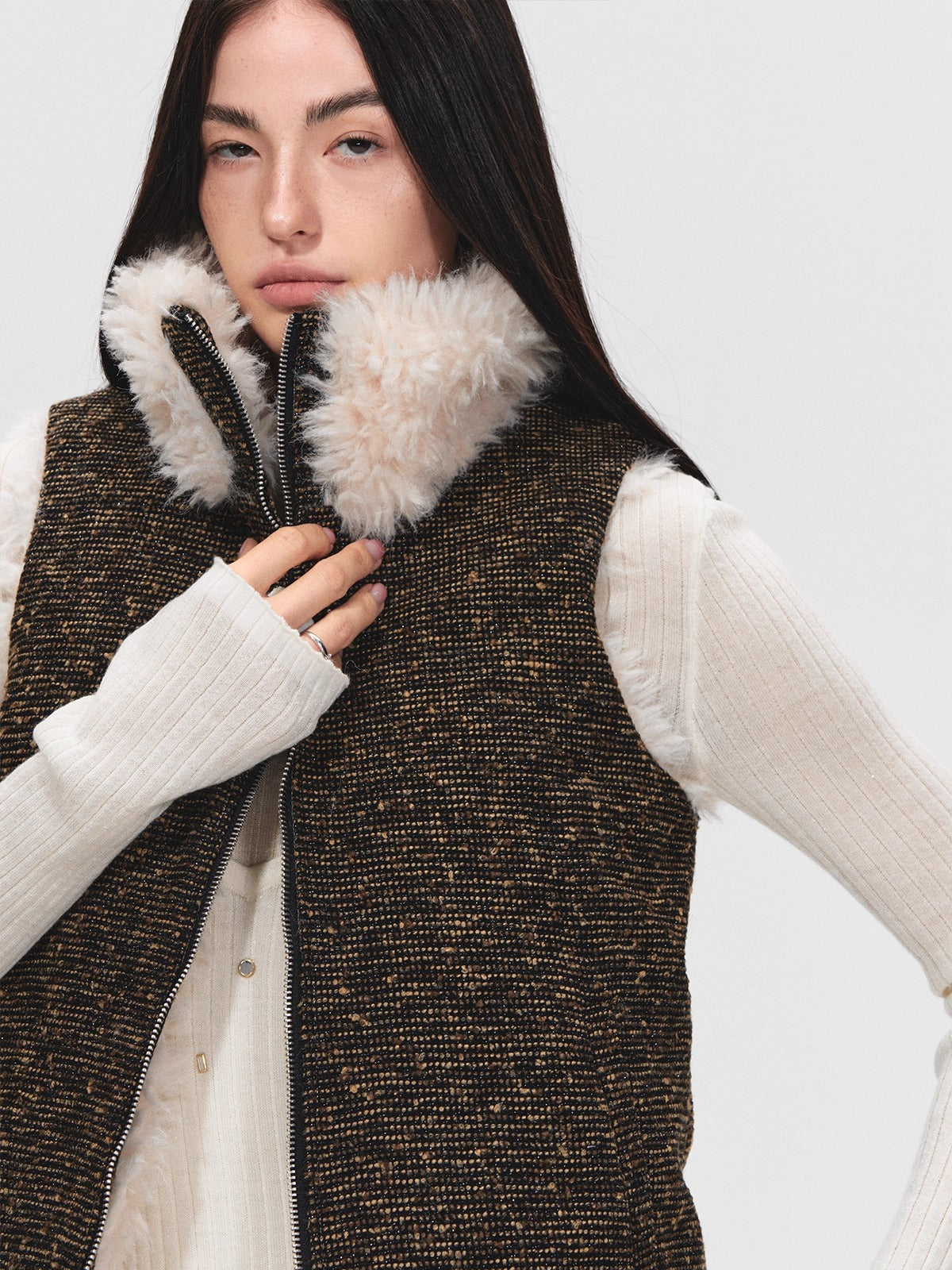 Reversible Wool Blend Faux Fur Vest Jacket