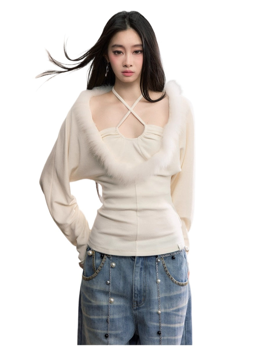 Fox-Trim Halter Knit Top