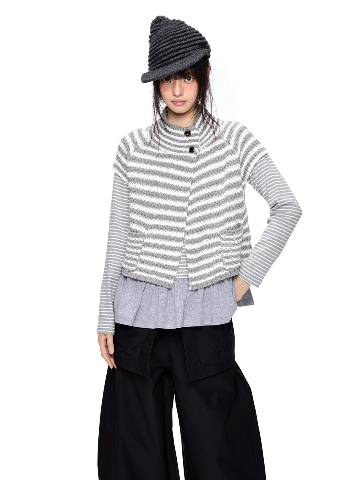 Striped Half Neck Button Knit Top