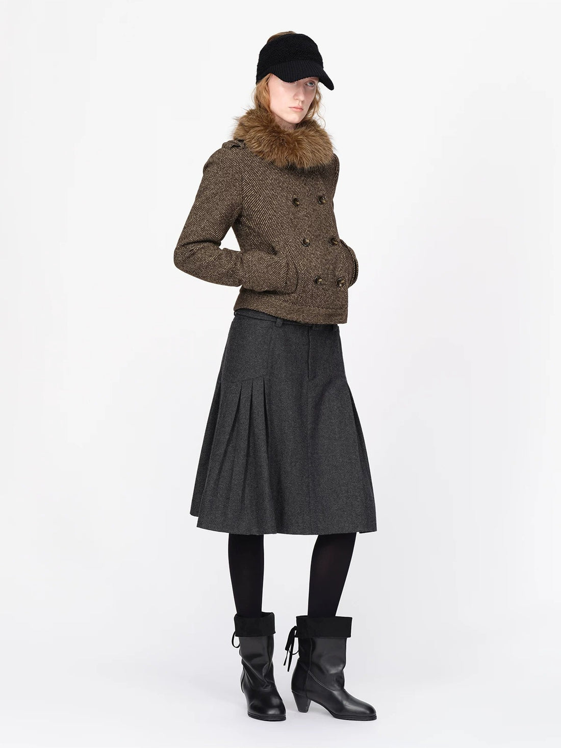 British Vintage Wool Fur Collar Coat