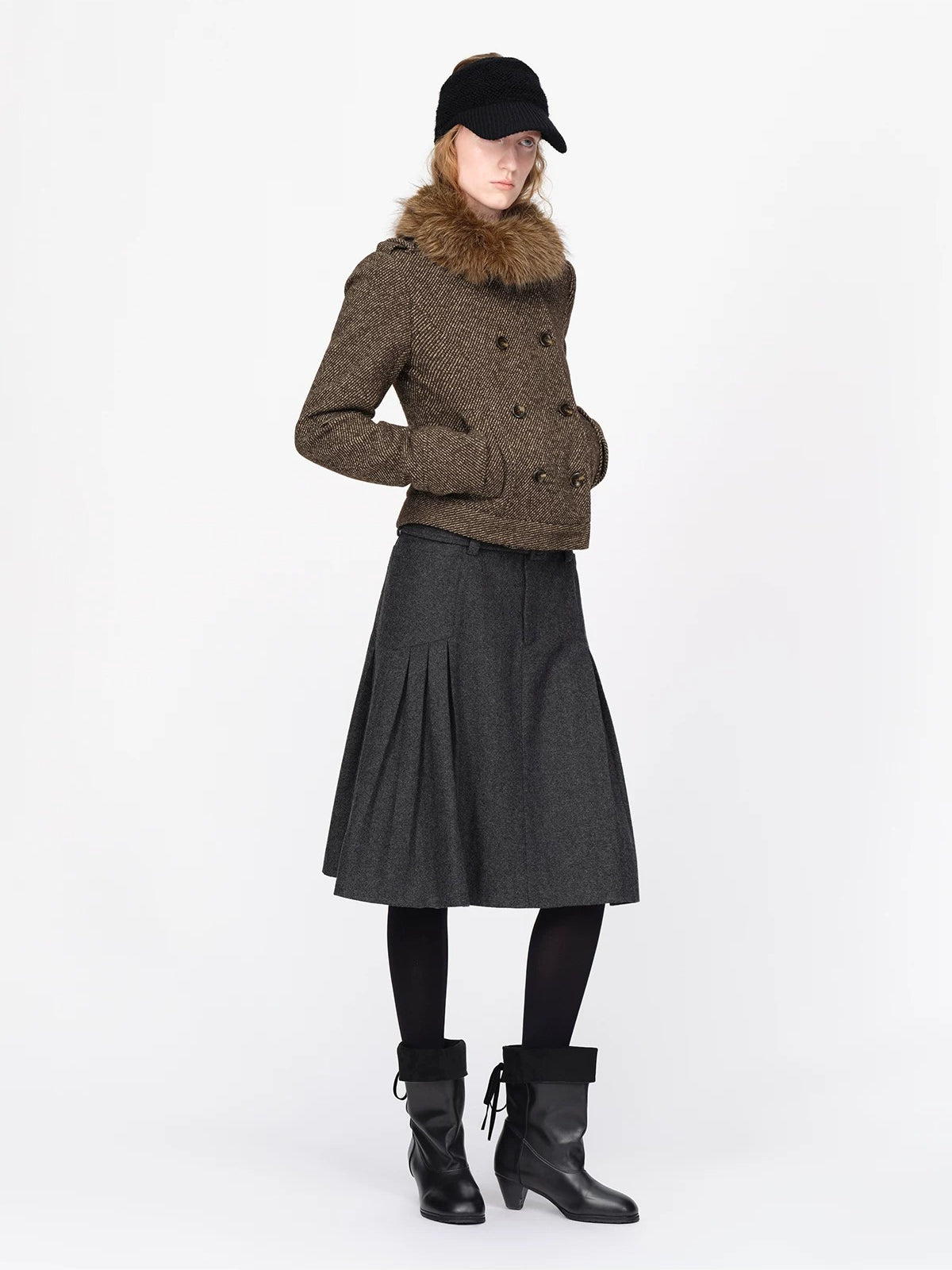 British Vintage Wool Fur Collar Coat