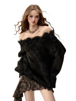 Off-Shoulder Patchwork Cable Knit Sweater