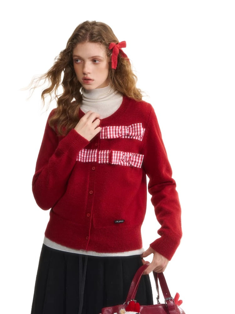 Plaid Bow Knit Cardigan