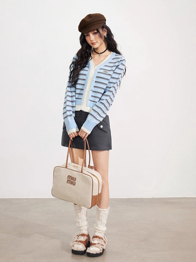 Blue Striped V-Neck Cardigan