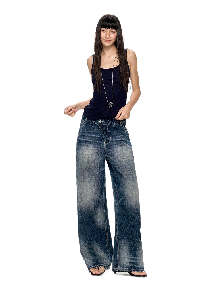 Deep Blue Washed Texture Distressed Denim Jeans
