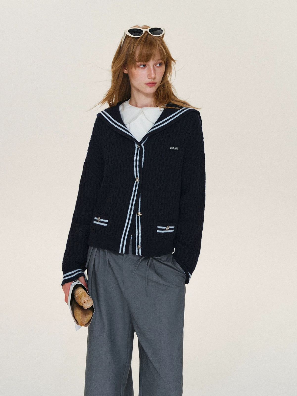 Contrast Sailor Collar Cable Cardigan