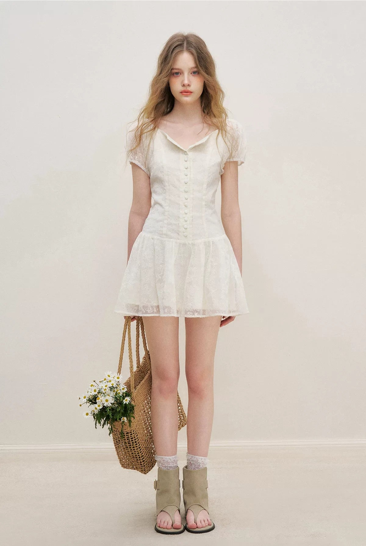Apricot Floral Embroidered Puff Sleeve Dress