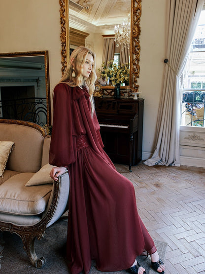 Milena Chiffon Lace Lantern Sleeve V-neck Dress