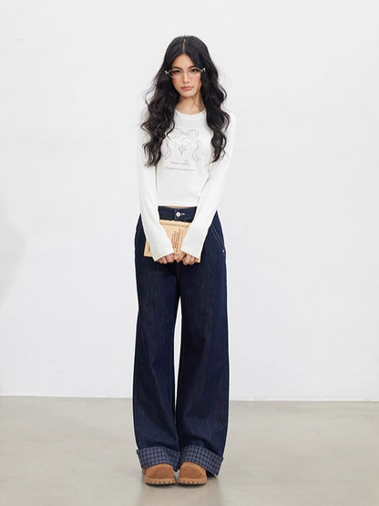 Navy Blue Plaid Patchwork Denim Wide-Leg Pants