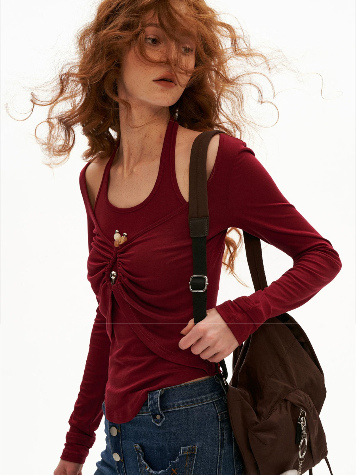 Halter Ruched Long Sleeve Top