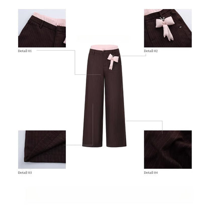 Brown Double-Waist Stripe Wide-Leg Pants