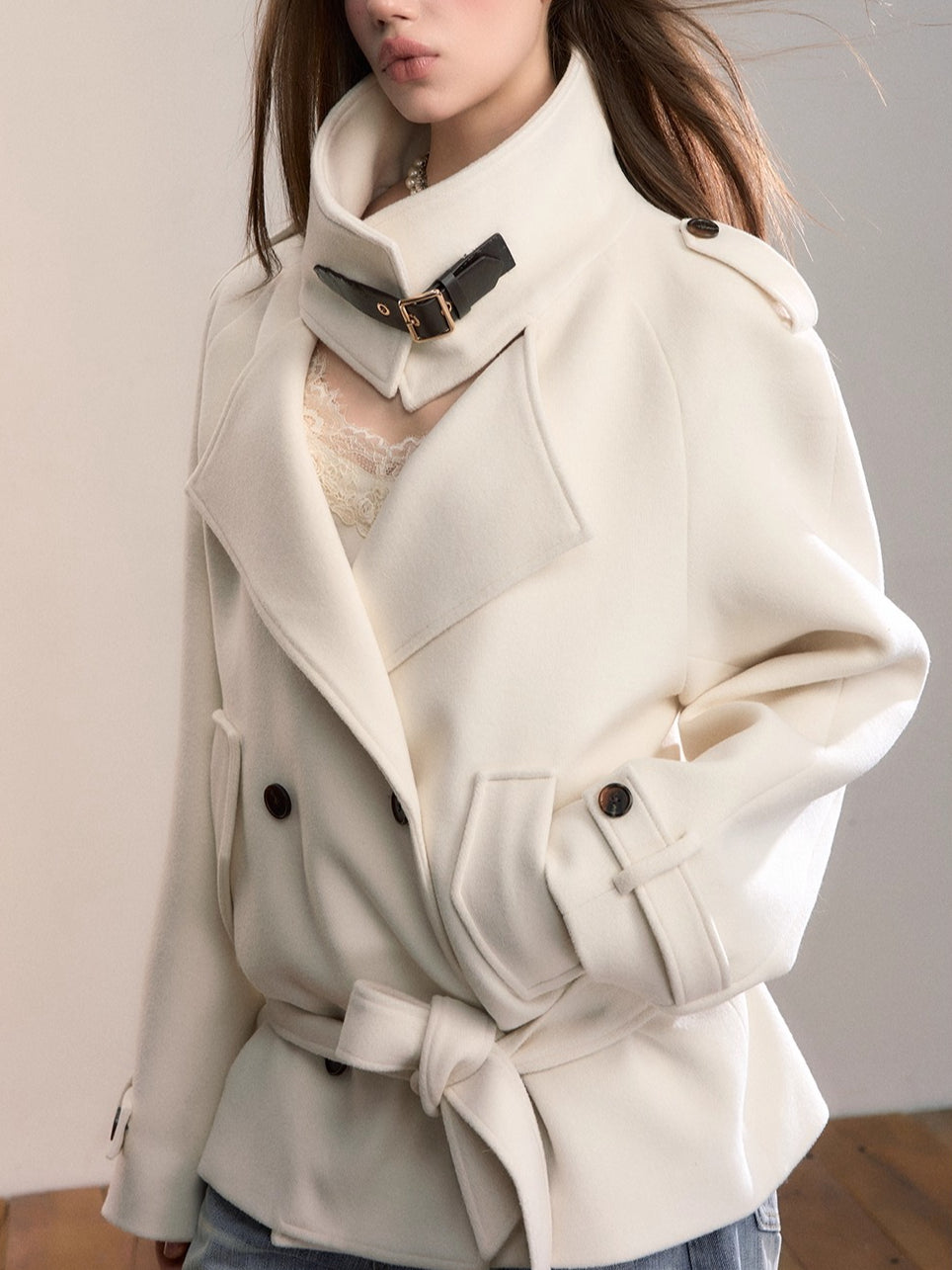 High-Neck Belted Wool Coat