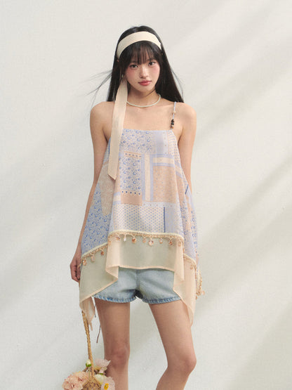 Irregular Beaded Strappy Printed Slip Dress