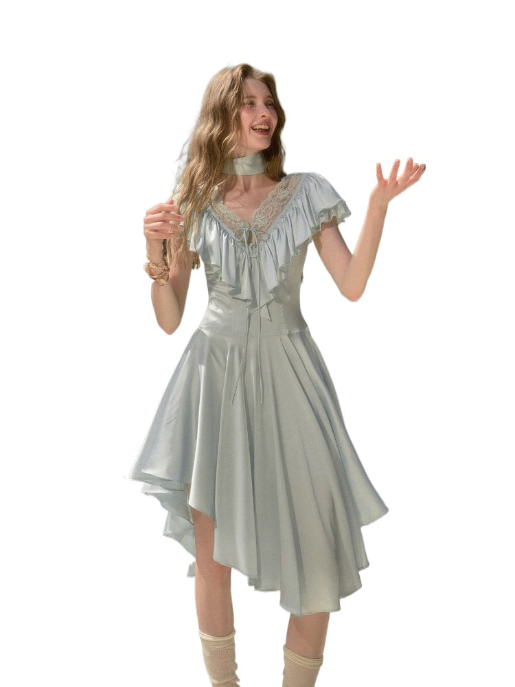 Apricot &amp; Blue Lace V-Neck Dress