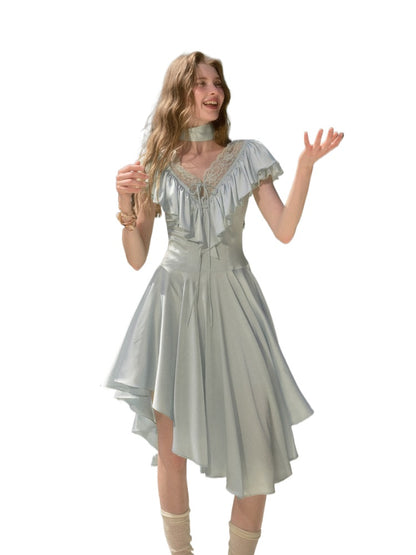Apricot &amp; Blue Lace V-Neck Dress