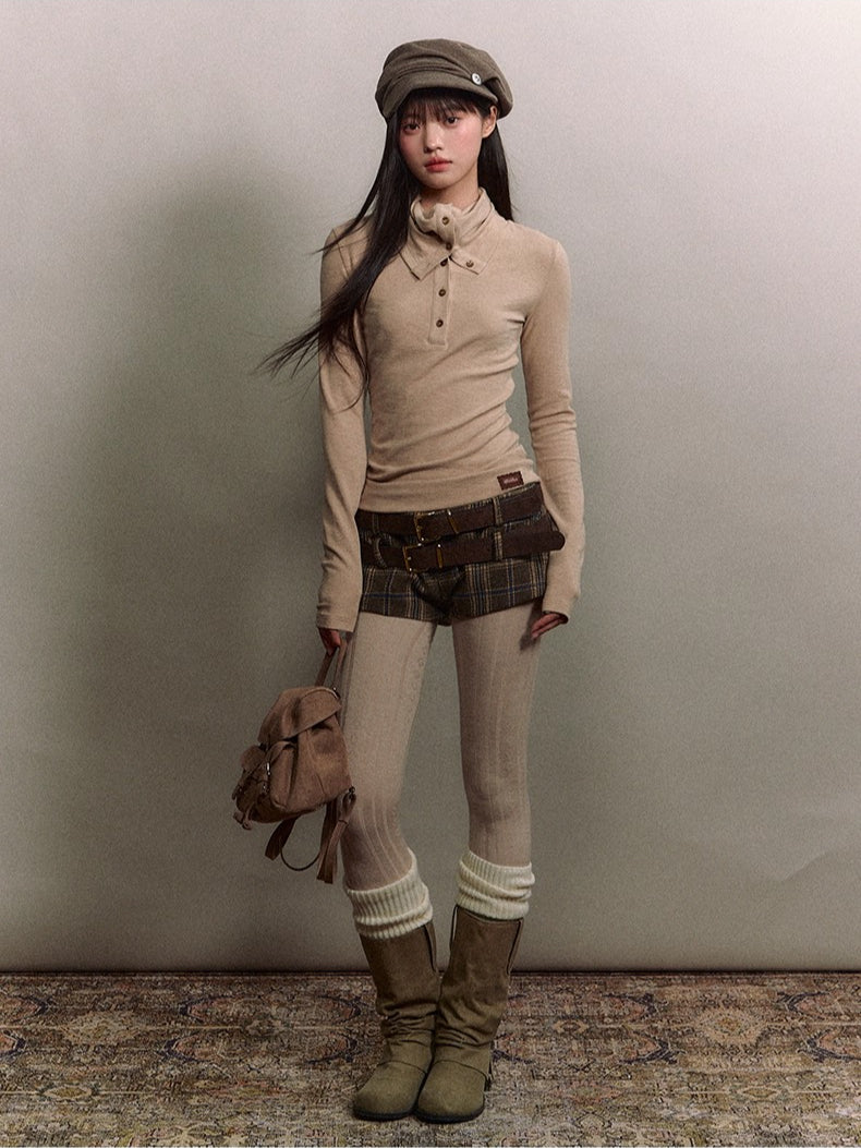 Drape-Neck Slim Knit Top