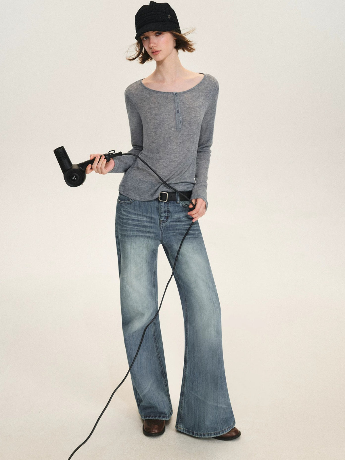 Ribbed Henley Long Sleeve Top