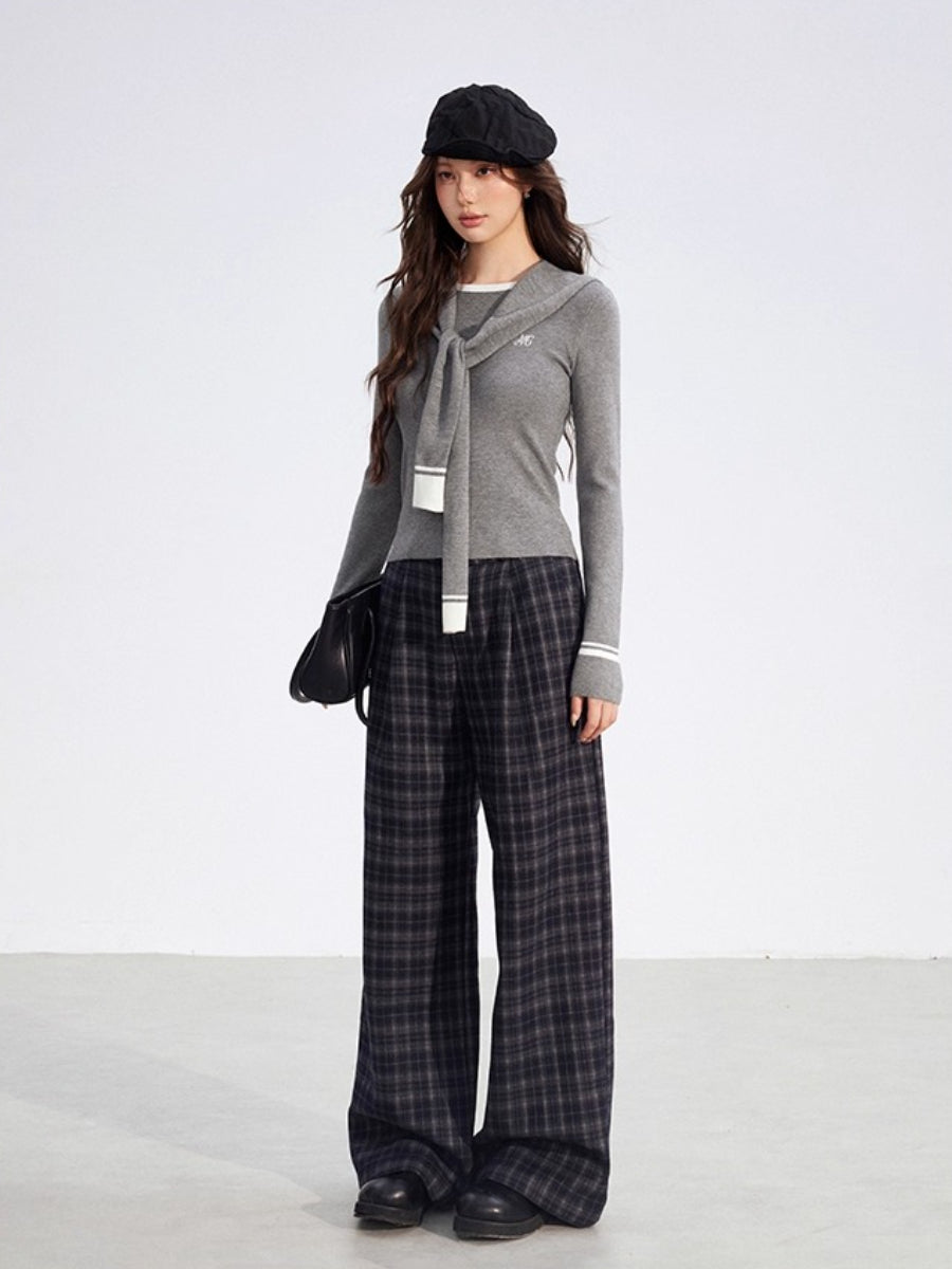 Gray Fleece Checkered Wide-Leg Pants