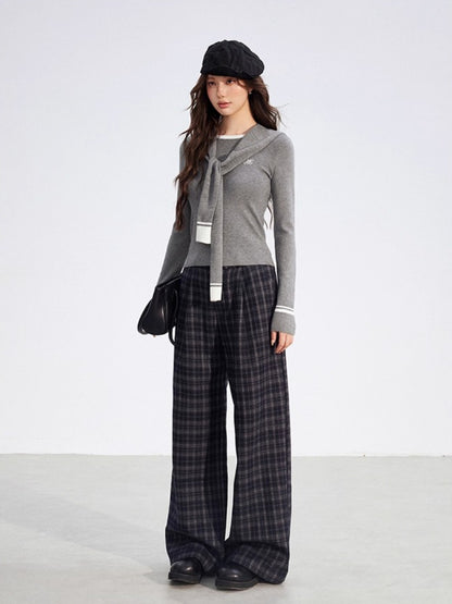 Gray Fleece Checkered Wide-Leg Pants