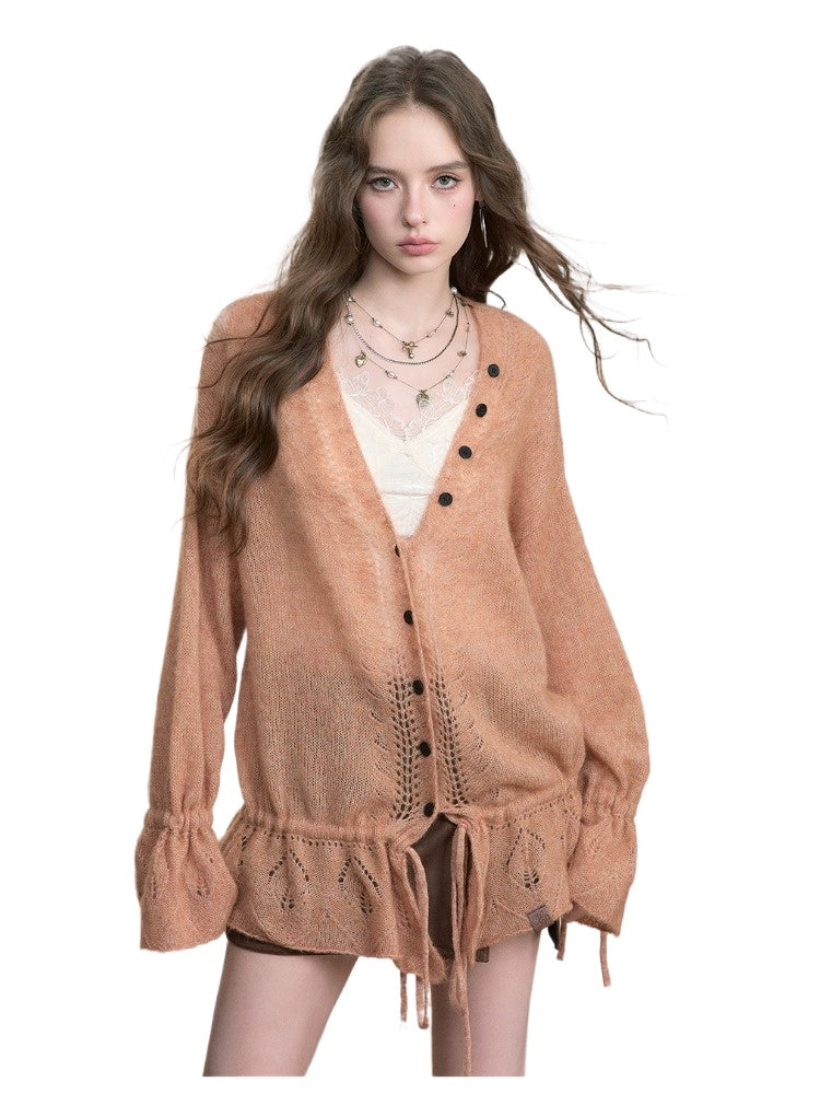 Brown & Off-white Drawstring Knit Cardigan