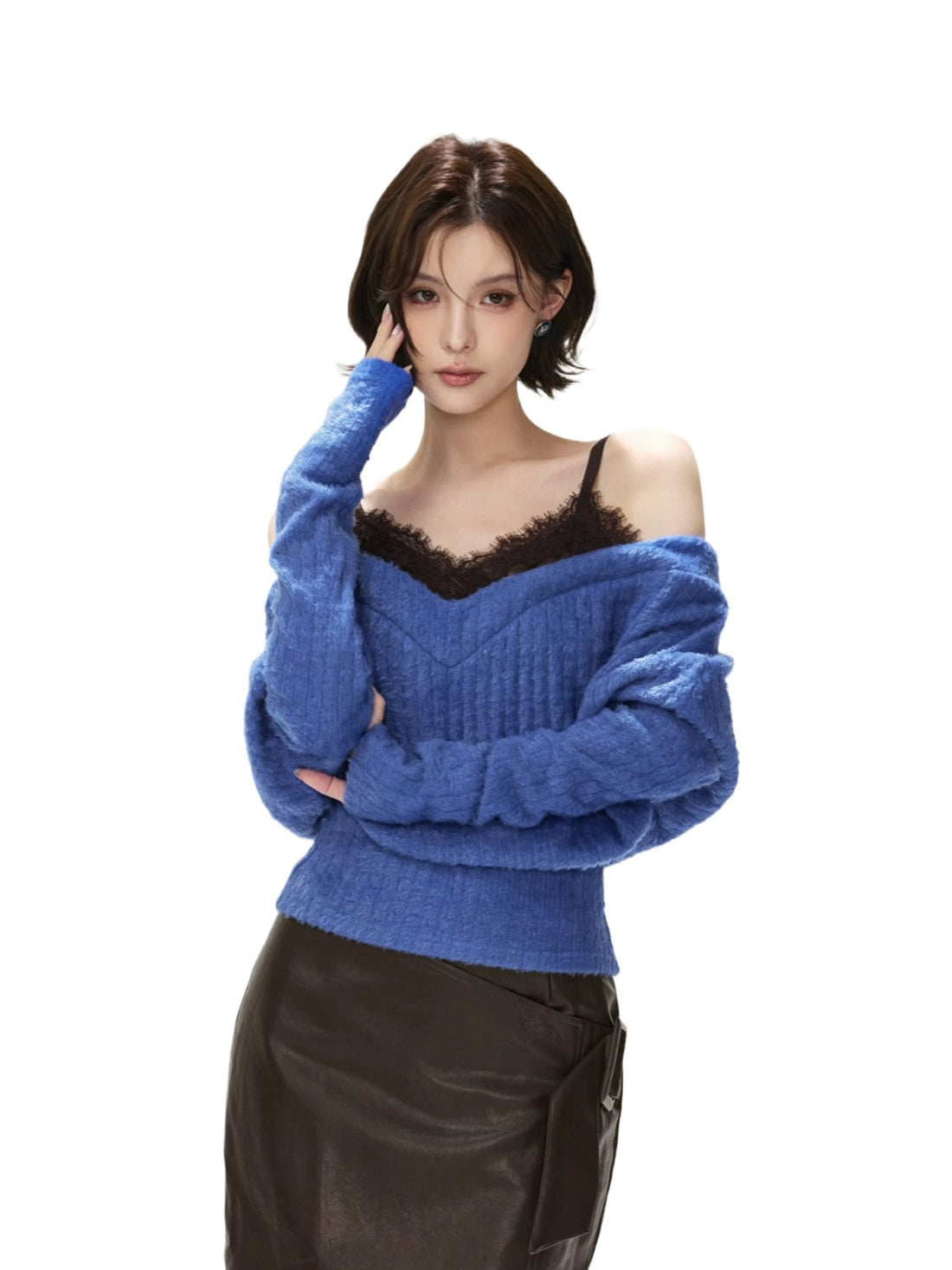 Lace Camisole Layered Fuzzy Knit Sweater