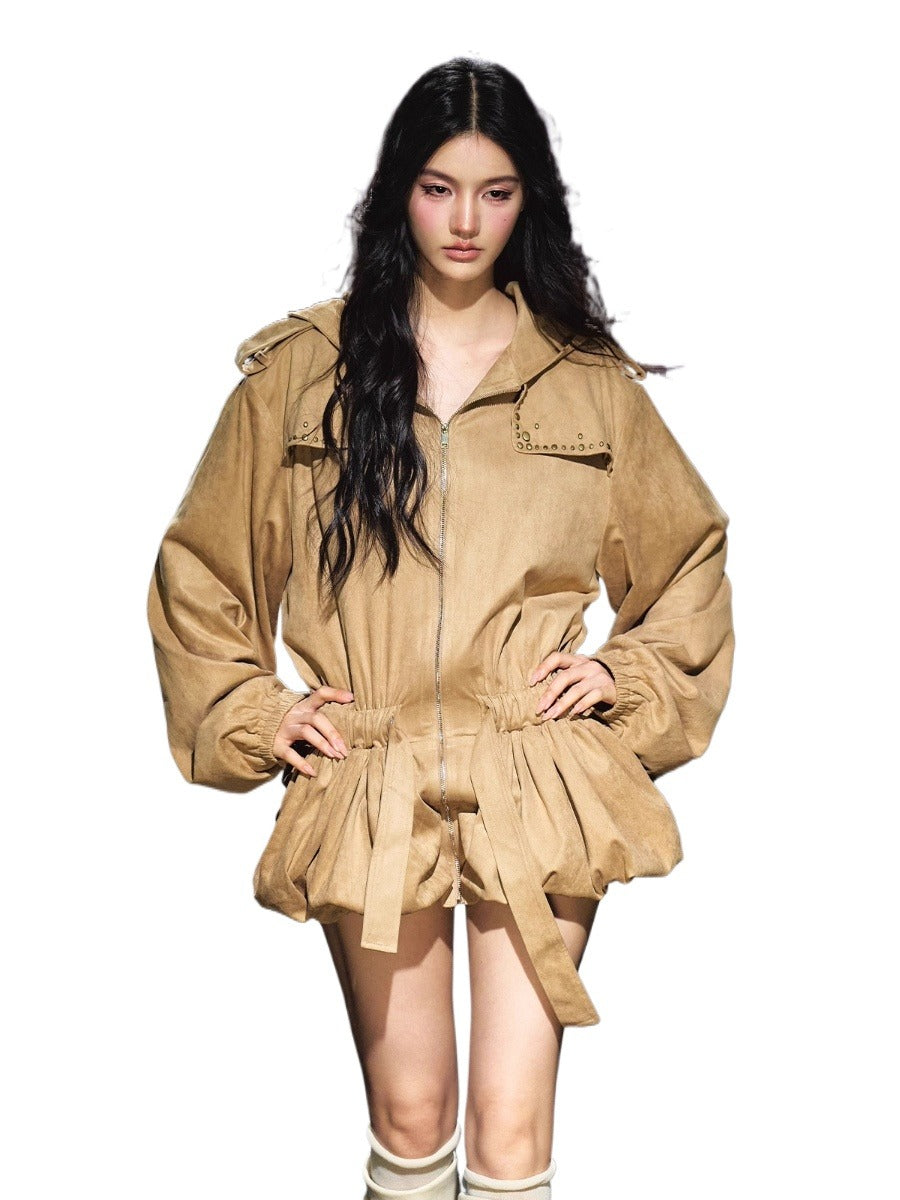 Studded Suede Hooded Trench Coat