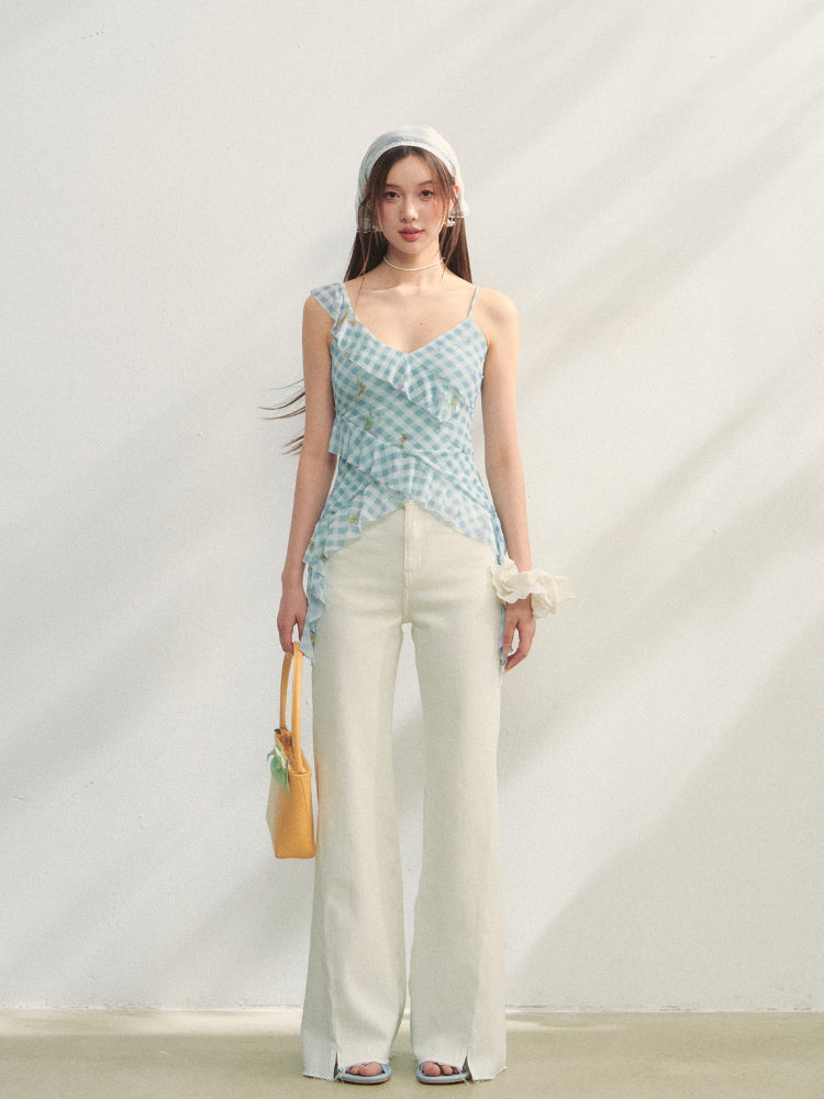 Blue Checkered Ruffled Print Slip Top