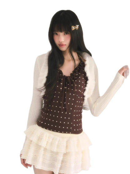 Ruffle Trim Knit Cardigan &amp; Camisole Set