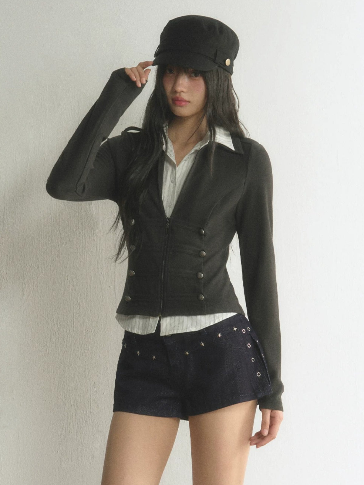 Vintage Double-Breasted Layered Cropped Jacket